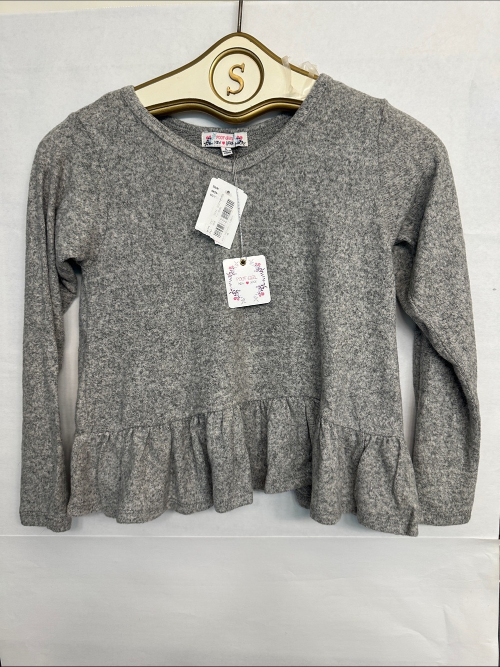 Poof Girl Kids Grey Peplum Ruffle Long Sleeve Sweater NWT Size Large L